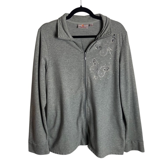 Quacker Factory Size Large Full Zip Sweatshirt Grey Butterfly Inlet Rinestones - Picture 1 of 8